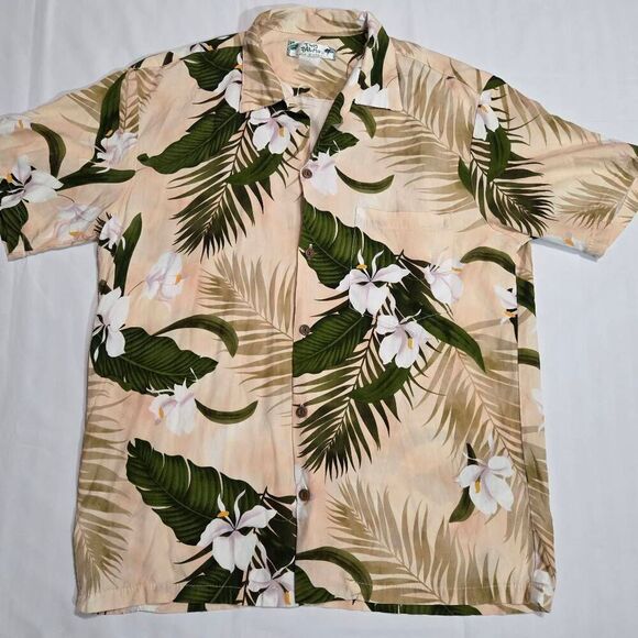 TWO PALMS VINTAGE CREAM GREEN WHITE GINGER LILY HAWAIIAN SHIRT MENS SIZE MEDIUM - Picture 1 of 5